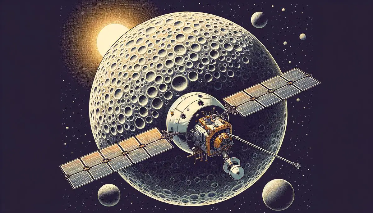 Illustration of NASA's MESSENGER spacecraft orbiting Mercury, with the planet's surface visible below