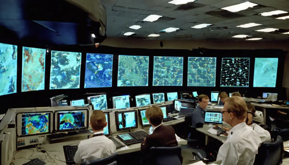 A photograph of meteorologists in a control room analyzing data from the Nimbus 3 satellite on multiple computer screens.