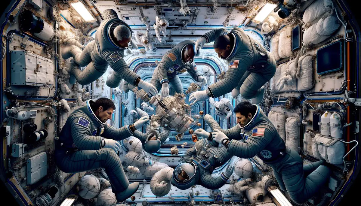 Astronauts conducting experiments in microgravity on the International Space Station