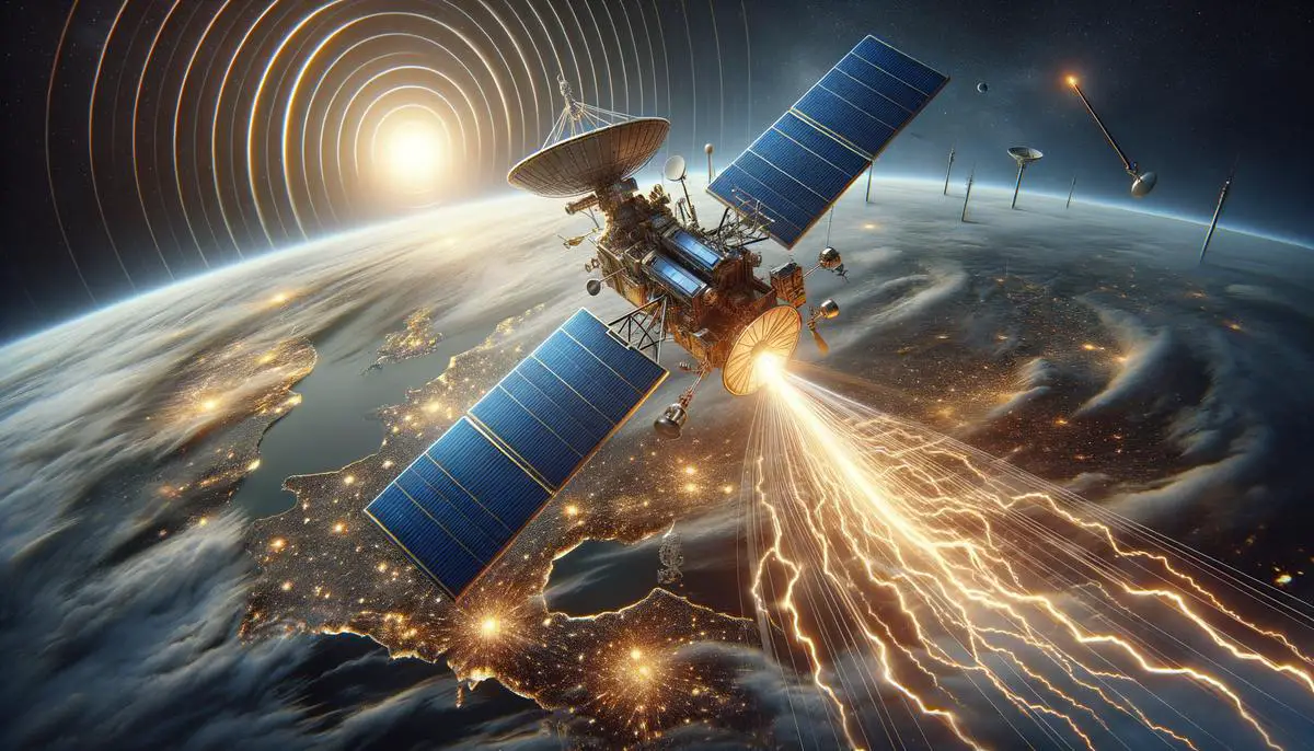 A diagram showing the process of wireless power transmission from a satellite to Earth using microwaves