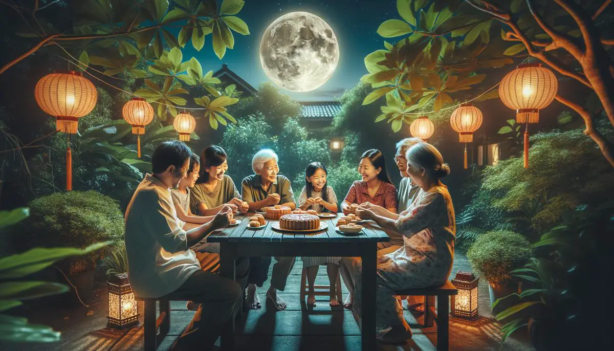 A family sharing mooncakes and lighting lanterns under a full Moon