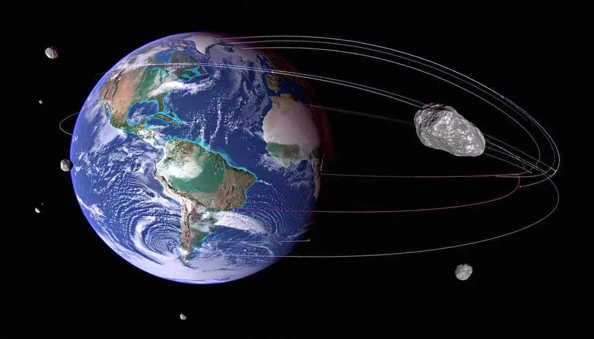 A 3D visualization of the looping orbital trajectory of asteroid 2024 PT5 around Earth