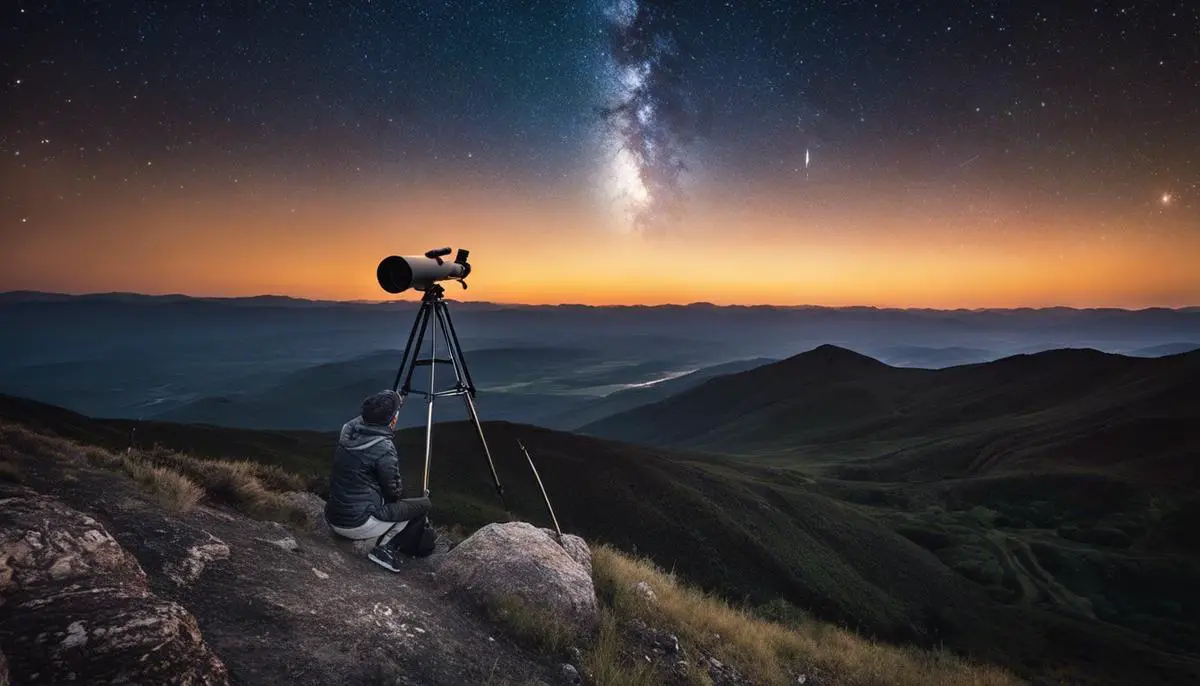 An image of a person using a Horox telescope at a dark sky reserve, gazing at the stars.