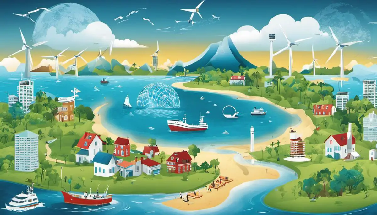 Illustration of global efforts and policies to mitigate sea level rise. Government officials from different nations surrounded by symbols representing renewable energy.