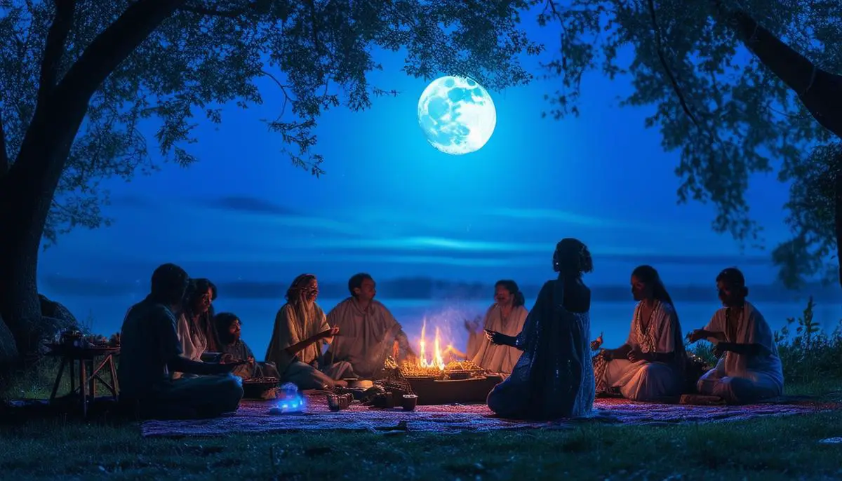 A group of people enjoying a moonlit picnic and performing various blue moon rituals