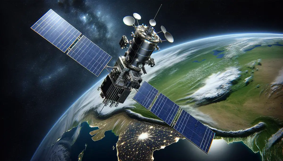 An illustration of a modern, advanced meteorological satellite in orbit around Earth, with multiple solar panels and sensing instruments.