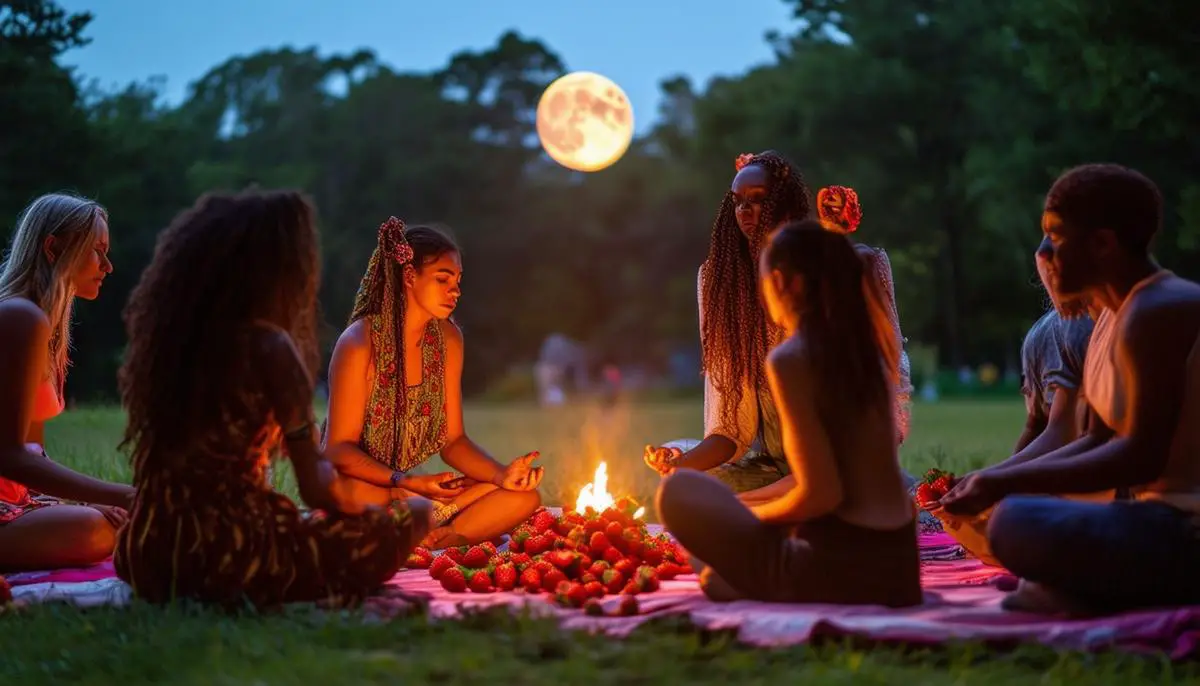 A diverse group of people participating in a modern Strawberry Moon ritual in a park