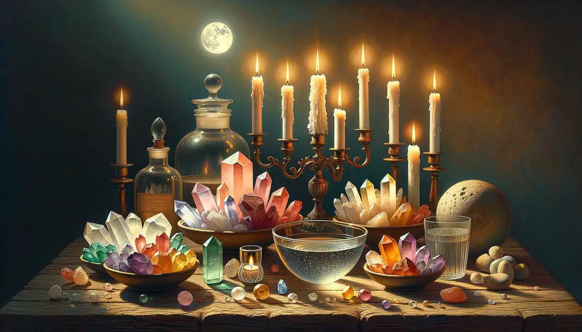 An image of items like crystals, candles, and water that are used in moon beaming practices