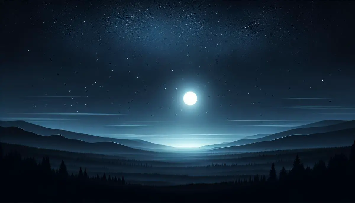 A serene night sky with a bright full moon shining down, illuminating a calm landscape