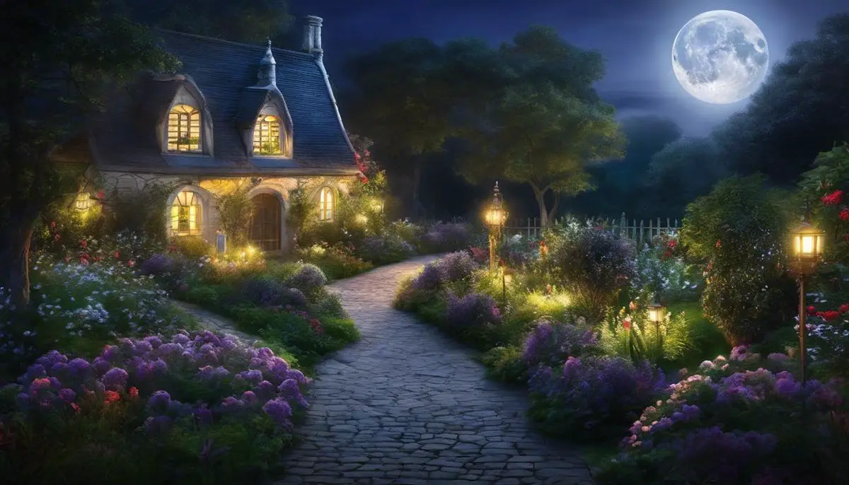 A garden illuminated by moonlight, creating a serene and mystical atmosphere