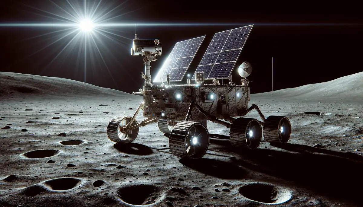 An image showing a lunar rover with protective shields, thermal blankets, and solar panels, navigating the harsh lunar environment