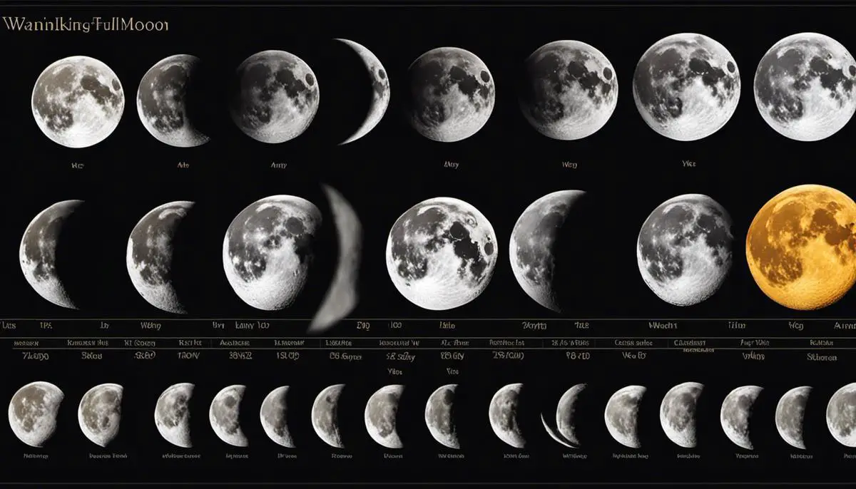 Image showing the different phases of the moon from full moon to new moon, representing the waning phase.
