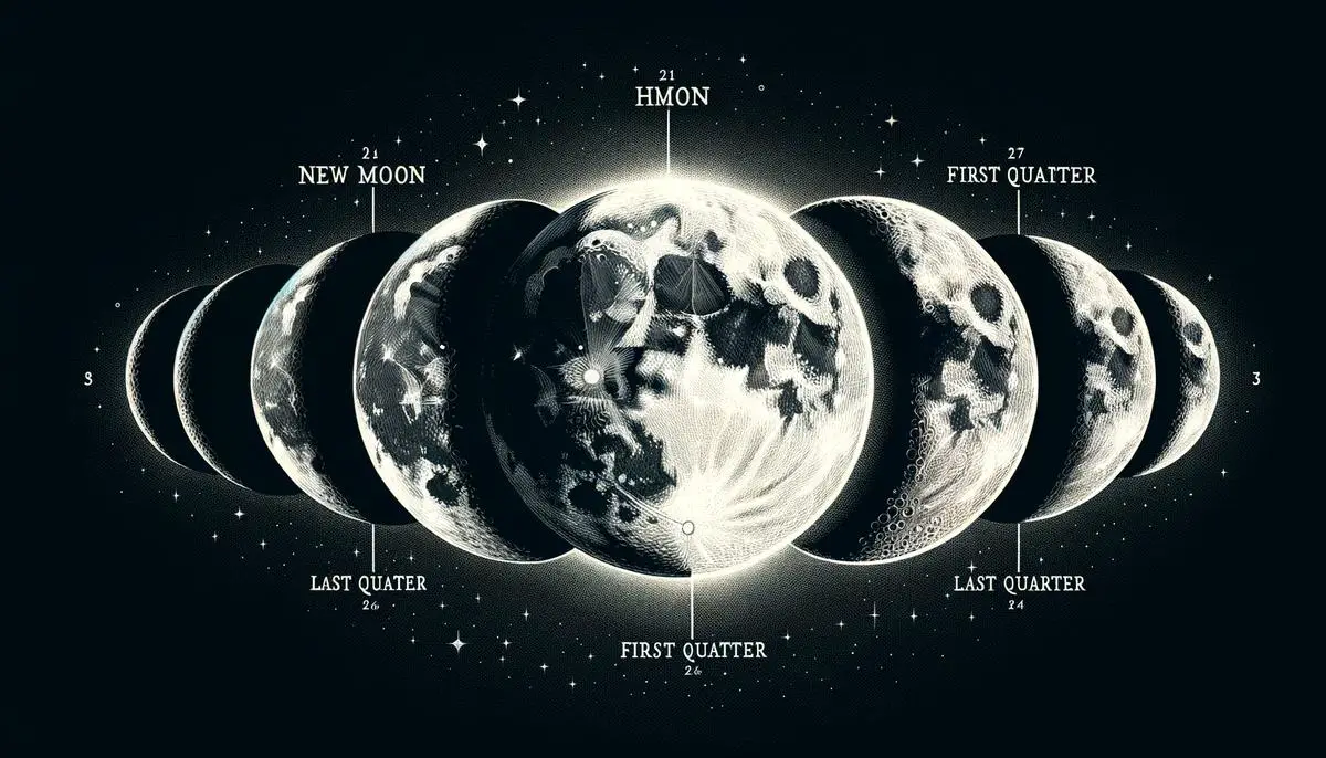 Illustration of the different phases of the moon, showing the New Moon, Crescent Moon, First Quarter, Full Moon, and Last Quarter.