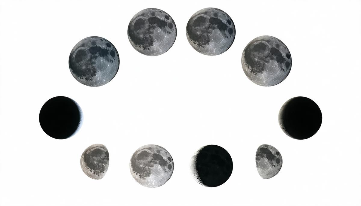 A diagram showing the eight main phases of the moon, from new moon to waning crescent, arranged in a circle