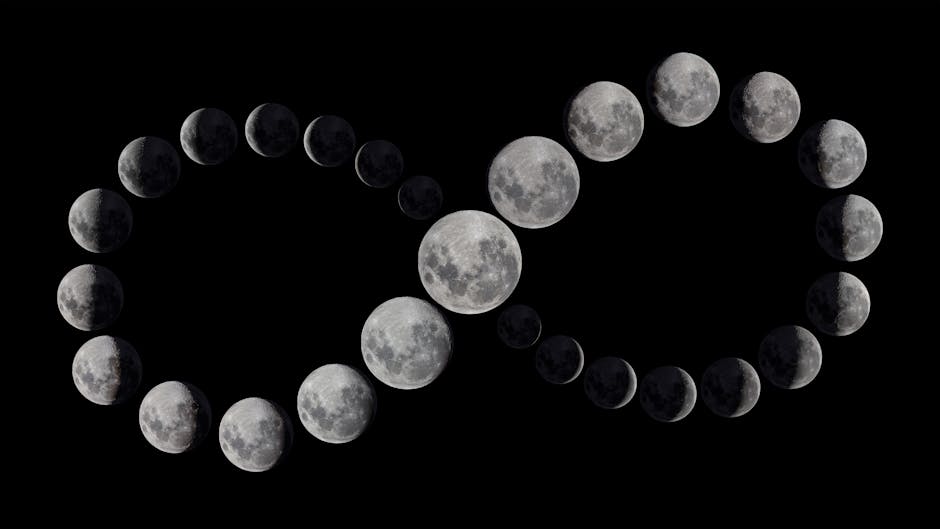 A composite image showcasing the eight distinct phases of the Moon, from New Moon to Full Moon and back again, displayed in a clear night sky with stars.