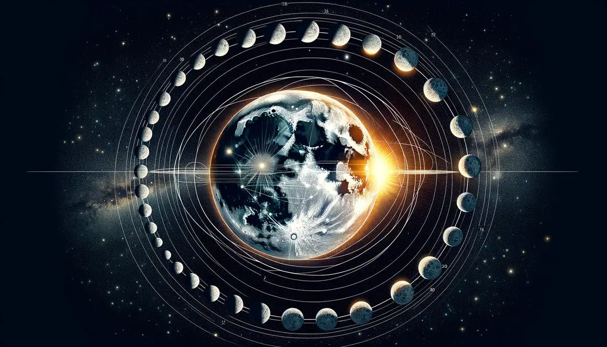 A diagram showing the moon's elliptical orbit around Earth and its various phases