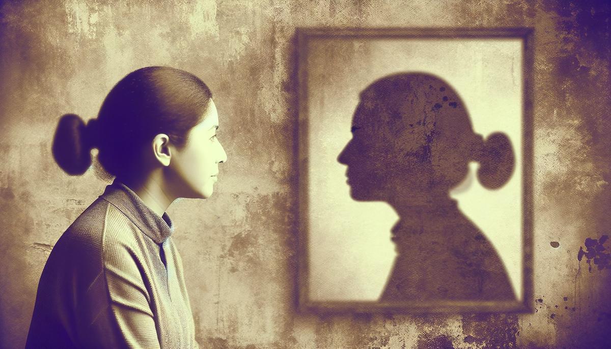 A person looking at their reflection in a mirror, with their shadow cast as a moon shape