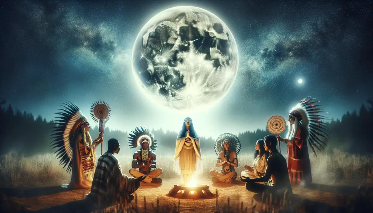 A photograph showing people from various cultures participating in spiritual rituals under the light of the full moon