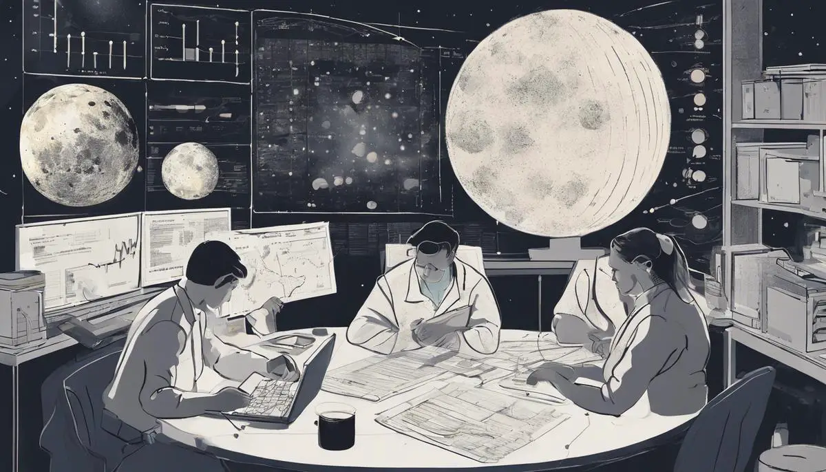 An illustration of researchers studying data and charts related to the moon's influence on human behavior