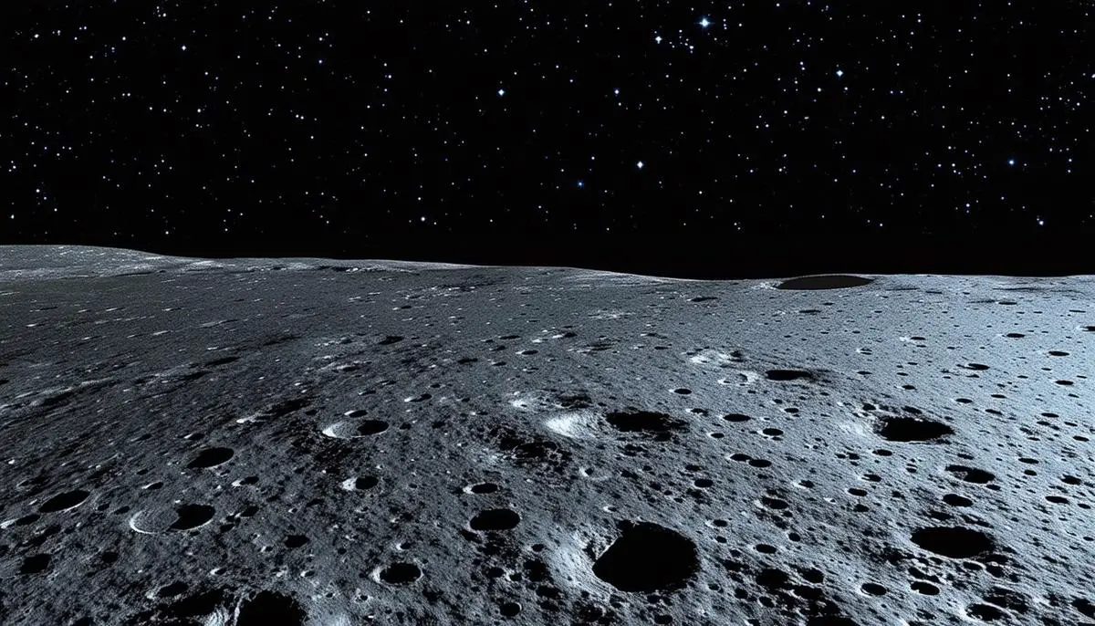 The lunar surface with a pitch-black sky filled with stars