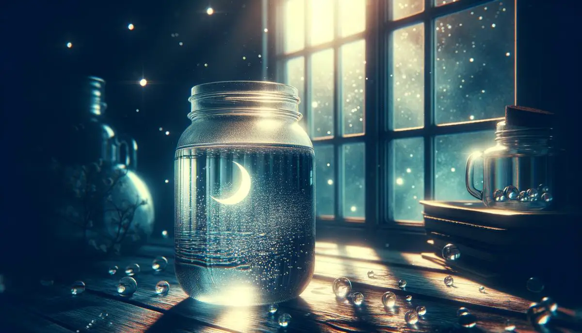 A clear glass jar filled with water sitting on a windowsill, illuminated by moonlight