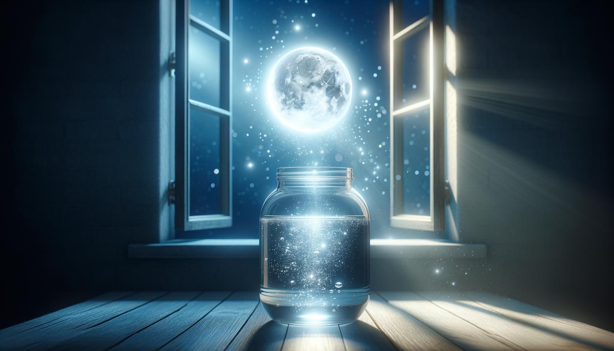 A glass jar filled with water placed on a windowsill, illuminated by moonlight