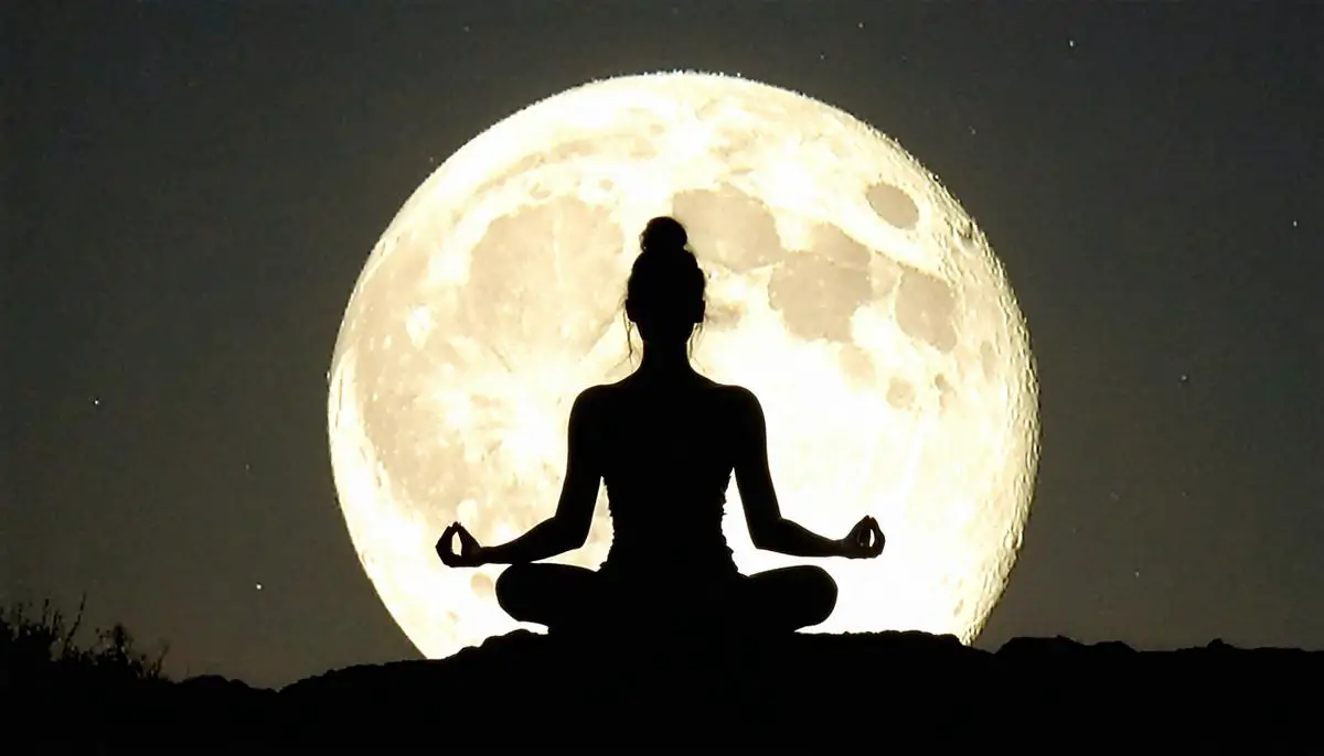 A person meditating in a peaceful pose with moonlight illuminating their silhouette