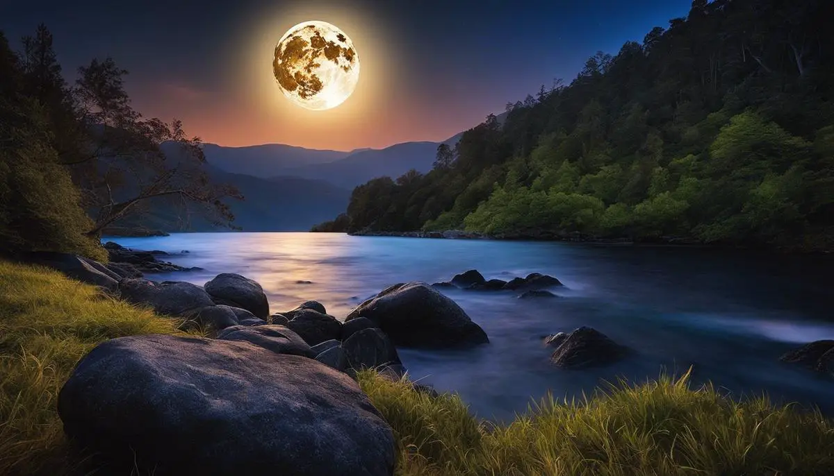 Image of a serene moonlit night with a full moon illuminating the scenery