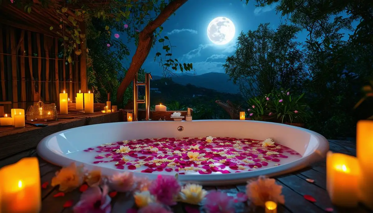 A serene outdoor bathtub filled with flower petals and surrounded by candles under the full moon