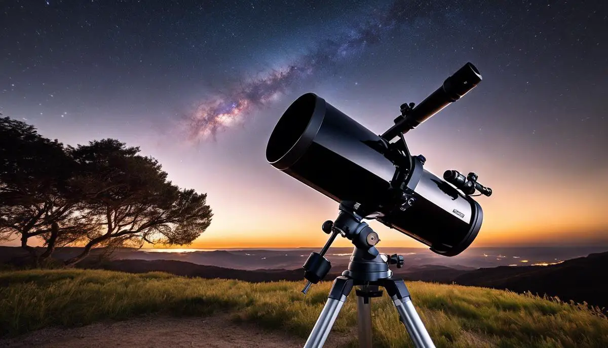 An image showing a telescope on a stable mount with precise tracking systems, capturing a deep sky object.