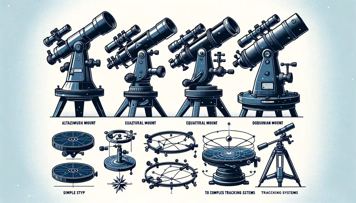 Image of different types of telescope mounts and tracking systems for amateur astronomers