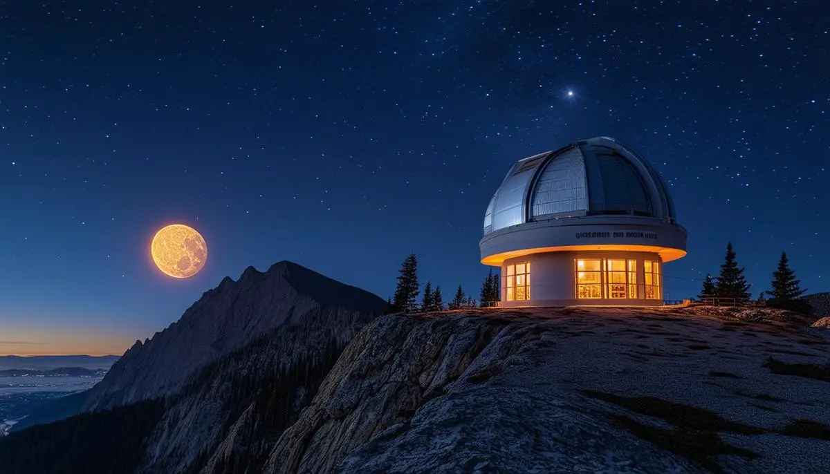 A mountaintop observatory under a clear night sky filled with stars and a bright supermoon