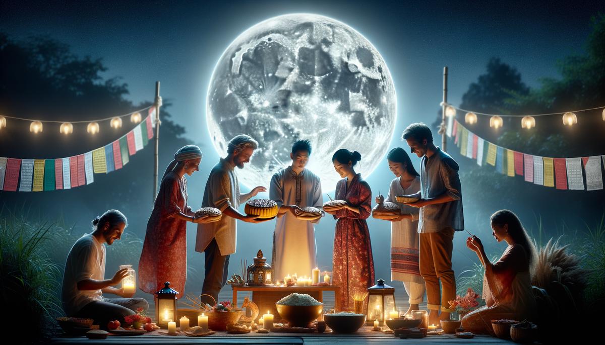 A diverse group of people celebrating various cultural moon traditions together