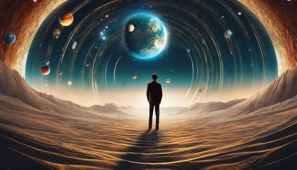 Illustration of a person standing between multiple parallel universes