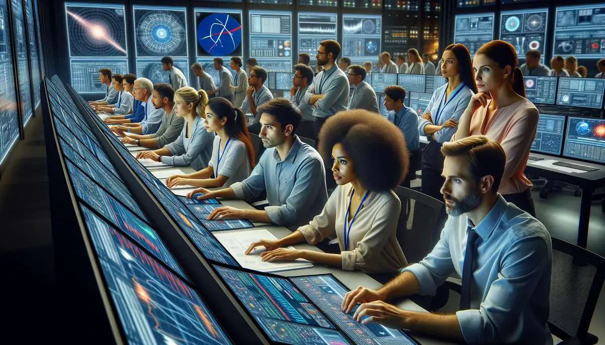 Team of diverse NASA engineers analyzing complex data on multiple screens