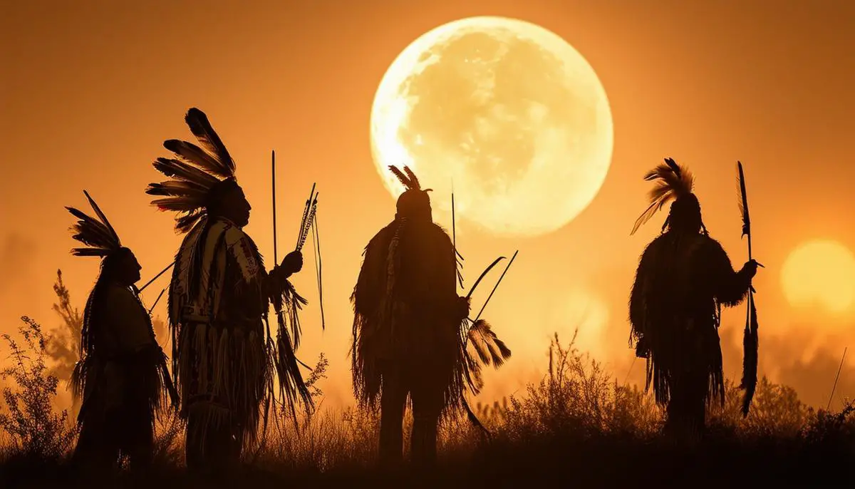 Silhouettes of Native American hunters in traditional dress, illuminated by the light of a full Hunter's Moon