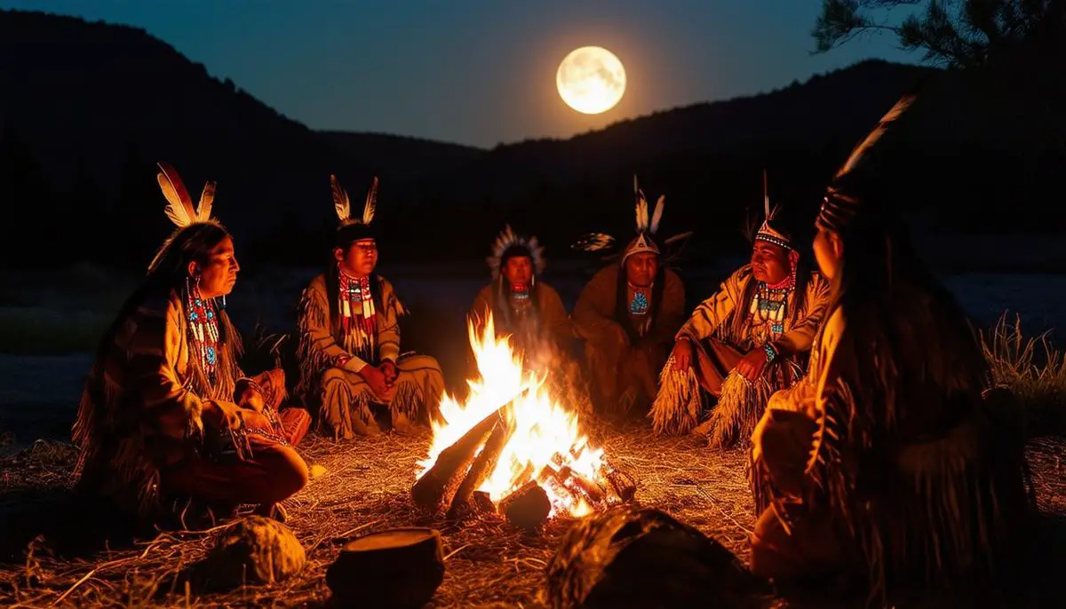 A circle of Native Americans sharing stories around a fire under the Strawberry Moon