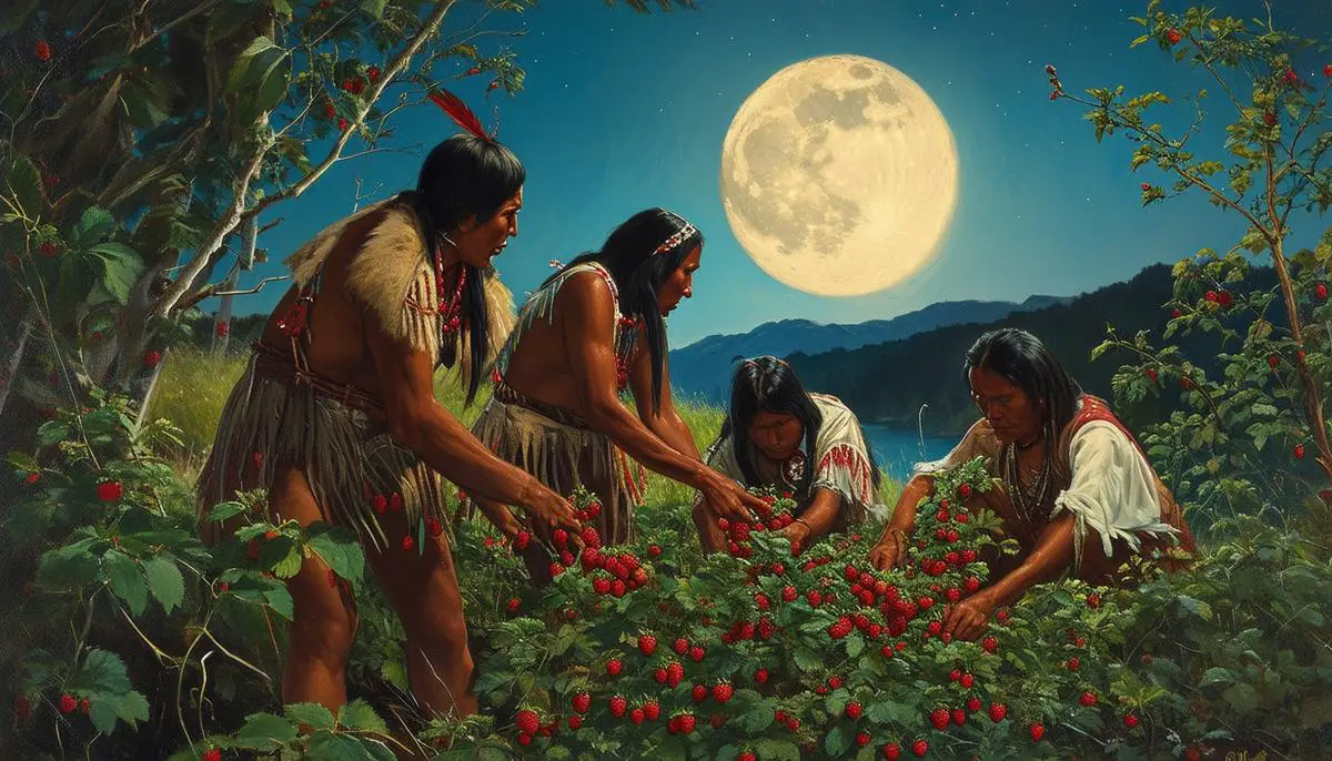 A group of Native Americans picking wild strawberries under a full moon