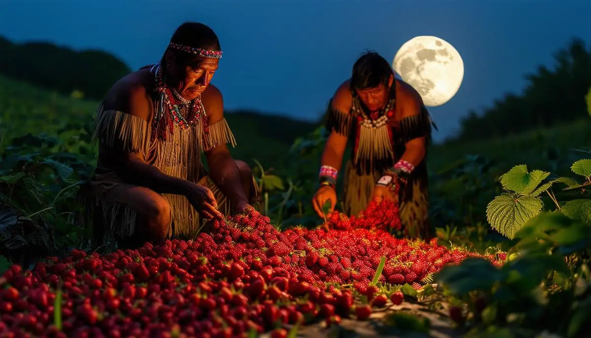 Native American tribe members harvesting wild strawberries under the light of a full moon