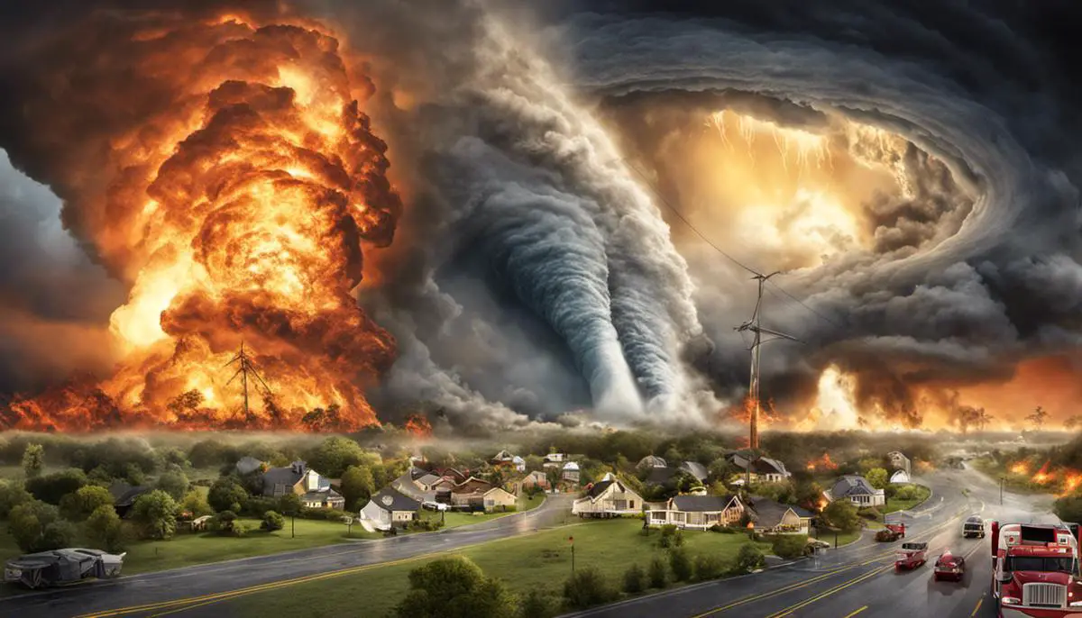 Illustration depicting various natural disasters occurring simultaneously from tornados and hurricanes to fires and earthquakes.