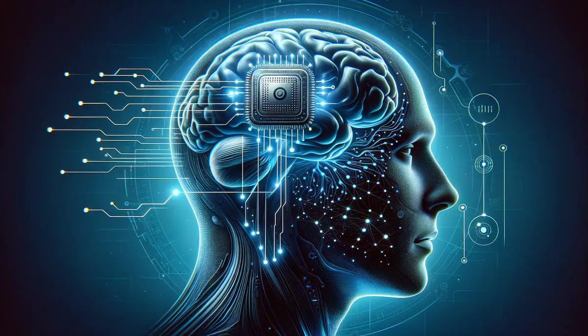 A conceptual illustration of Neuralink's brain-machine interface, showing a human head with a computer chip implanted, and digital connections representing the flow of information between the brain and a computer.