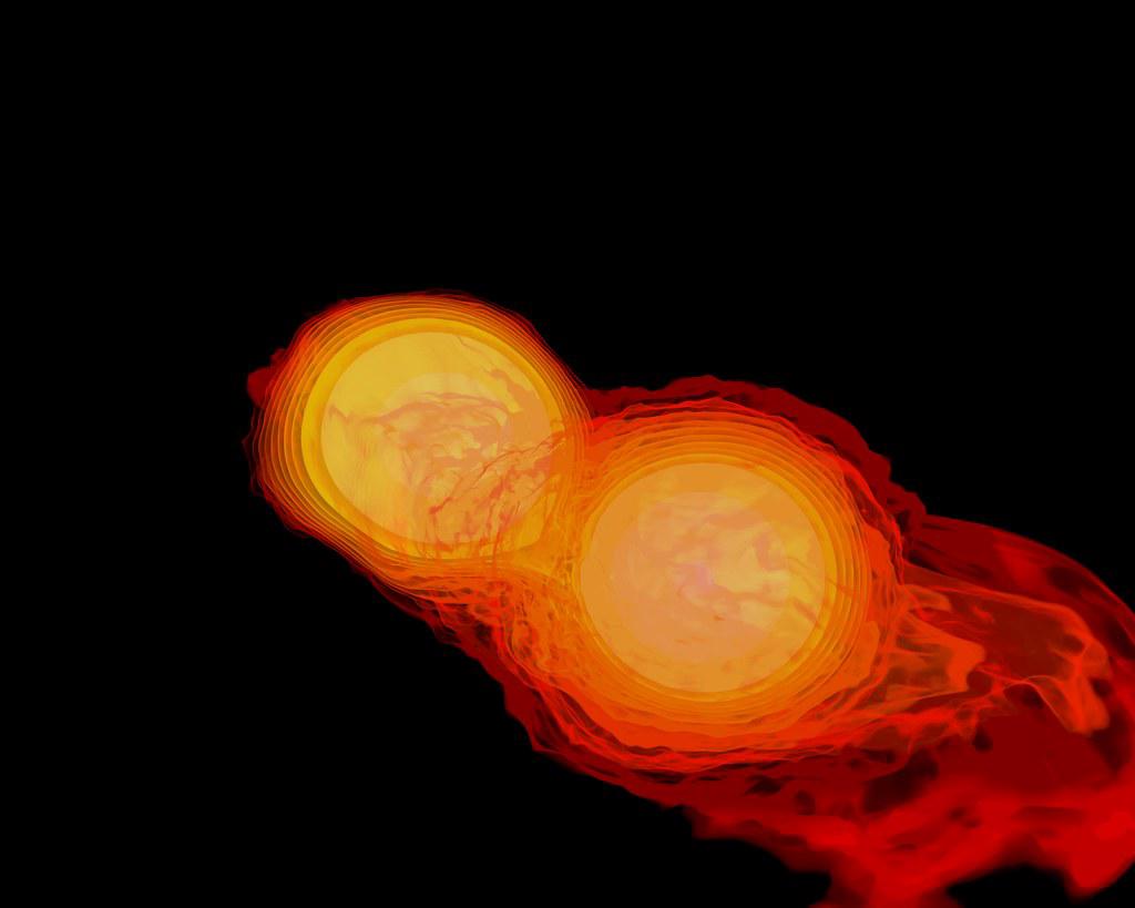 Dramatic visualization of two neutron stars colliding and producing gravitational waves
