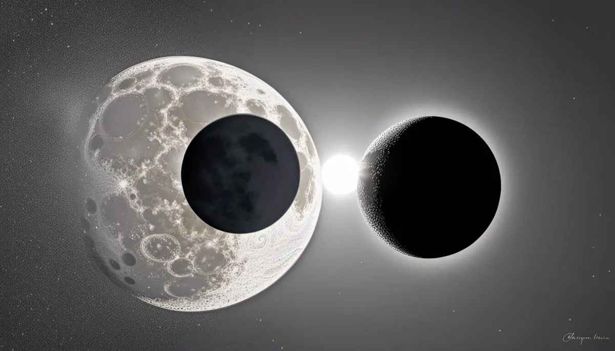 An image showing the new moon phase, with the moon being in conjunction with the sun and appearing as a slight crescent.