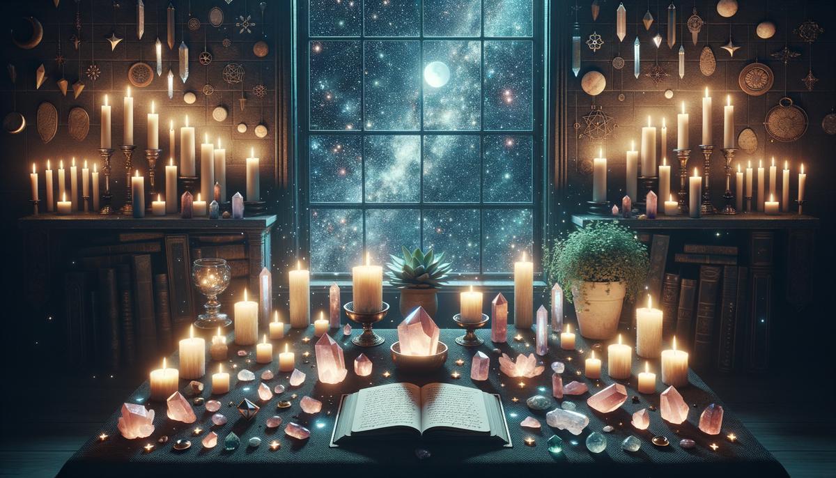 A beautifully arranged altar with candles, crystals, and a journal for New Moon intentions