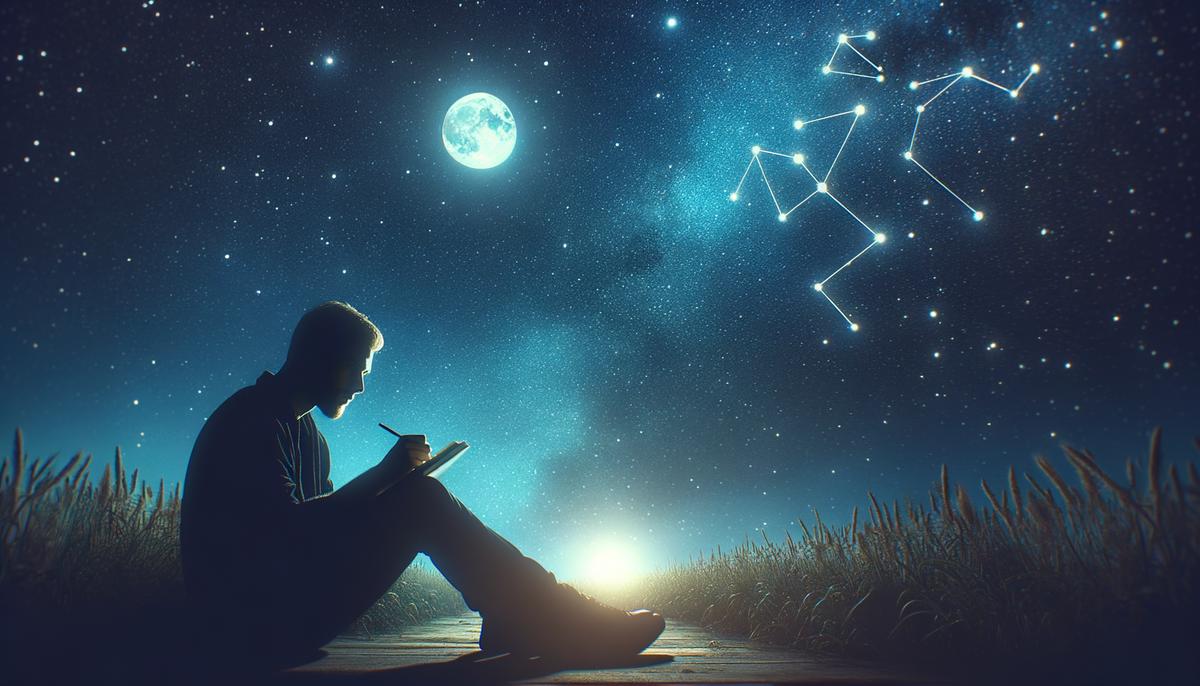 A person writing in a journal under a night sky with a new moon and Virgo constellation