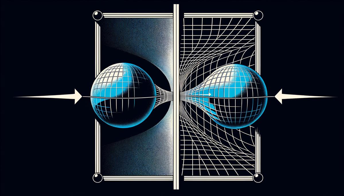 Split image showing Newton's gravitational force concept and Einstein's space-time curvature model