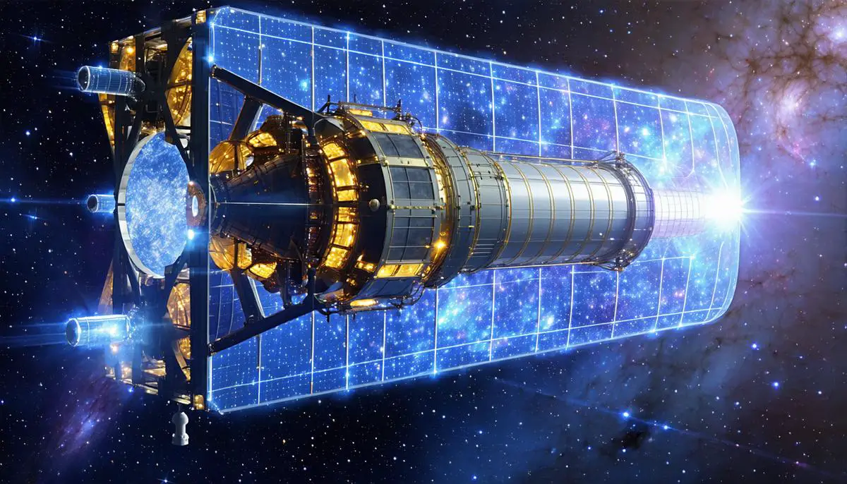 A futuristic concept design of a next-generation infrared space telescope, larger and more advanced than the James Webb Space Telescope