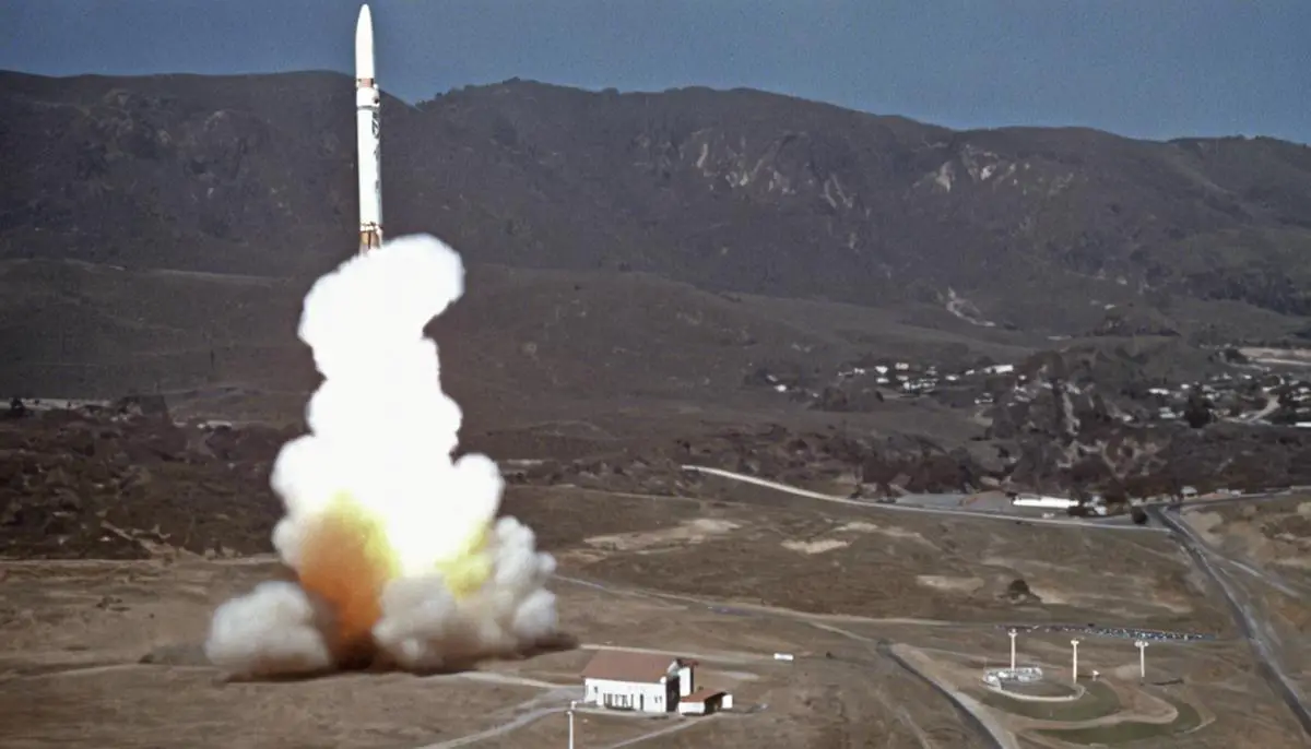 A photograph of the launch of the Nimbus 3 satellite from Vandenberg Air Force Base in California in 1969, with the rocket lifting off from the launch pad.