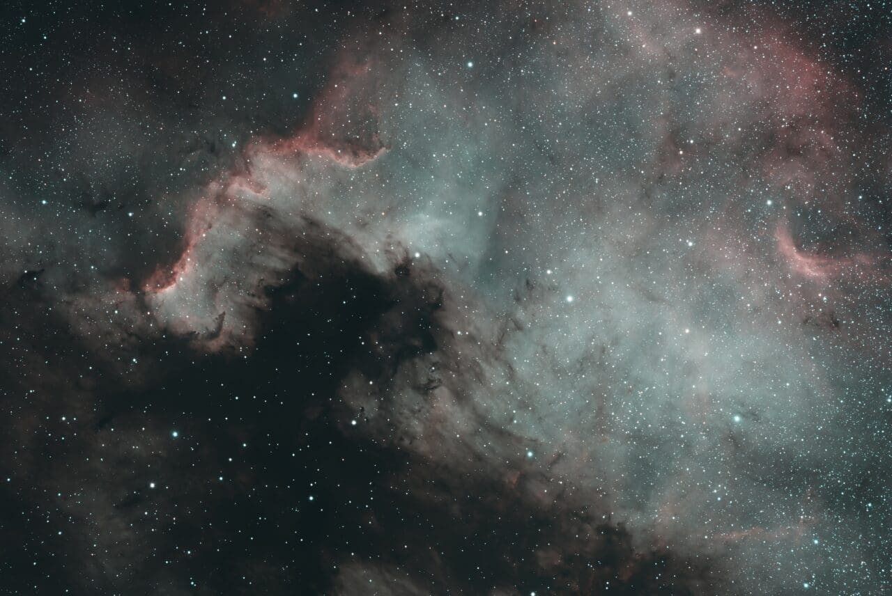 The North America Nebula in Cygnus, showing its distinctive shape resembling the North American continent