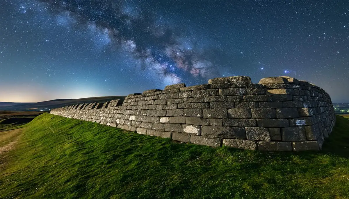 Hadrian's Wall in Northumberland National Park under a star-filled sky with the Milky Way visible